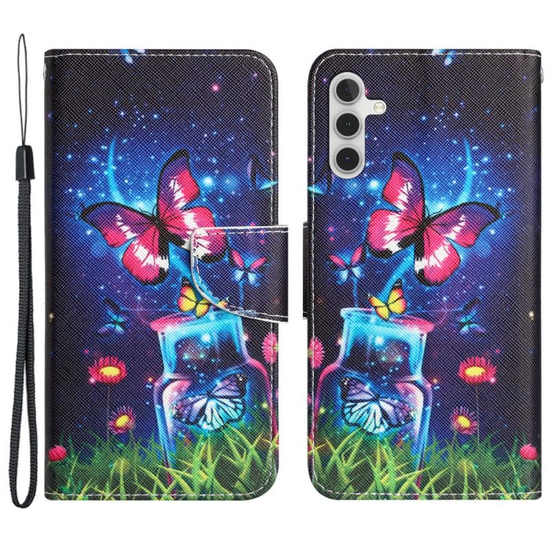 Flip Cover Samsung Galaxy A55 5g Flaske Og Sommerfugle Med Rem