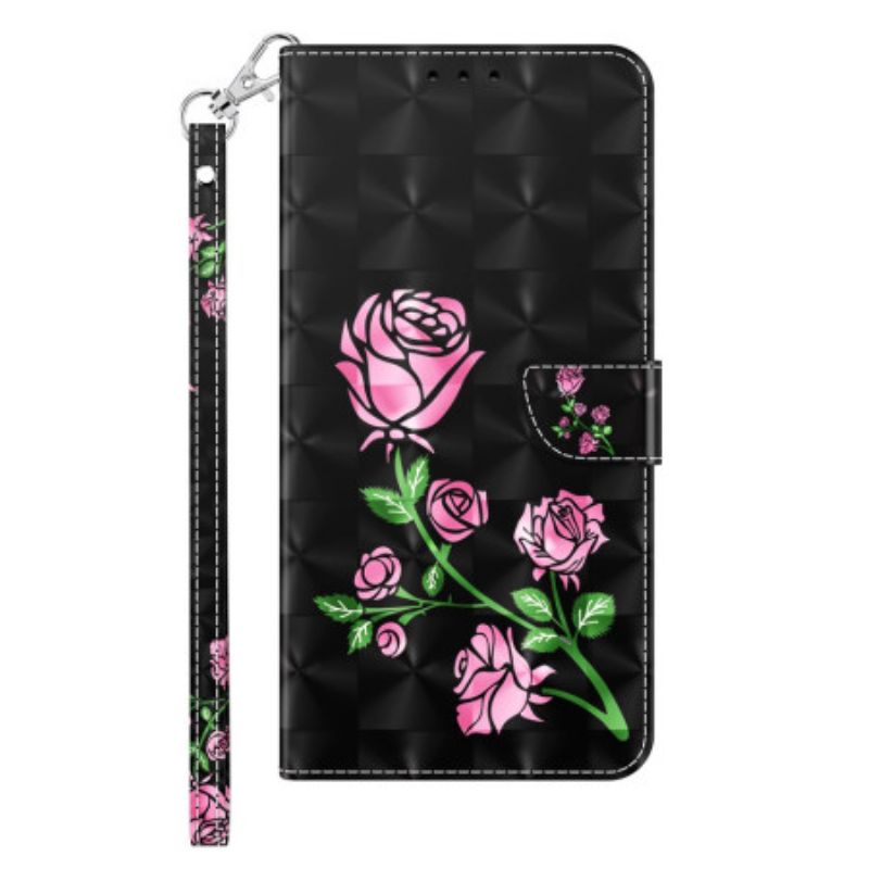 Flip Cover Samsung Galaxy A55 5g Lyserøde Blomster På Sort Baggrund Med Rem