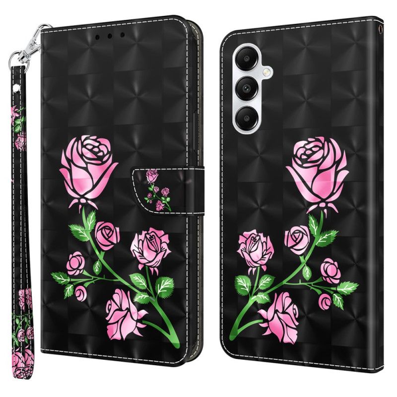 Flip Cover Samsung Galaxy A55 5g Lyserøde Blomster På Sort Baggrund Med Rem