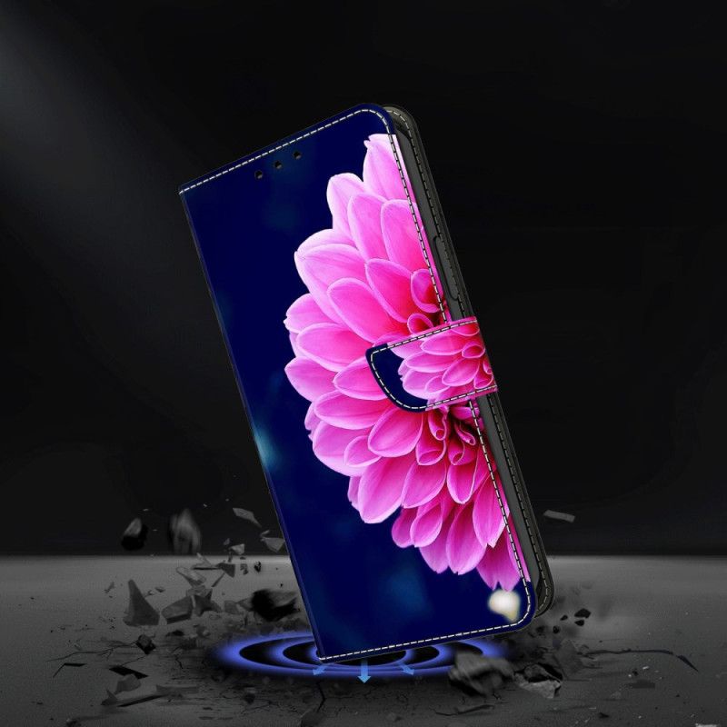 Flip Cover Til Samsung Galaxy A55 5g Lyserød Blomst På Blå Baggrund