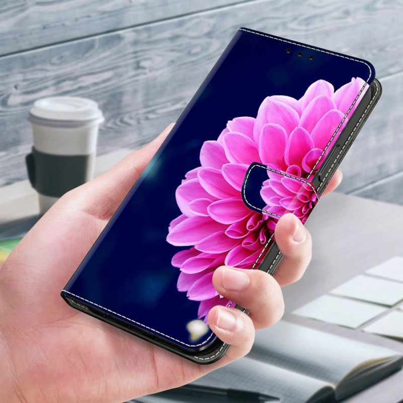 Flip Cover Til Samsung Galaxy A55 5g Lyserød Blomst På Blå Baggrund