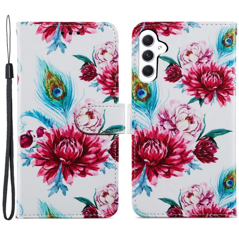 Flip Cover Til Samsung Galaxy A55 5g Røde Blomster Med Rem