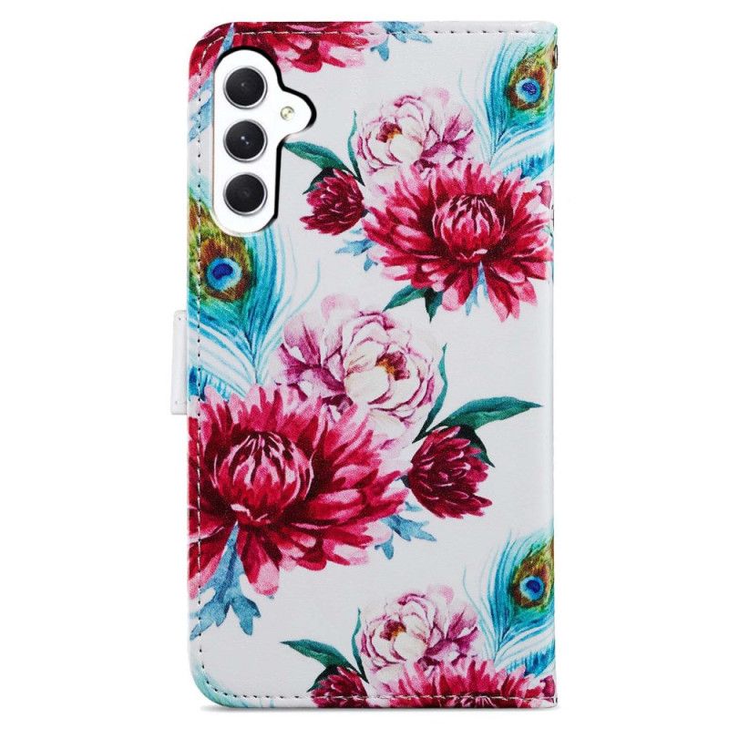 Flip Cover Til Samsung Galaxy A55 5g Røde Blomster Med Rem