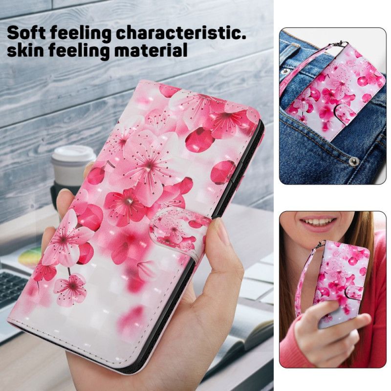 Læder Cover Samsung Galaxy A55 5g Telefon Etui Røde Blomster Med Rem