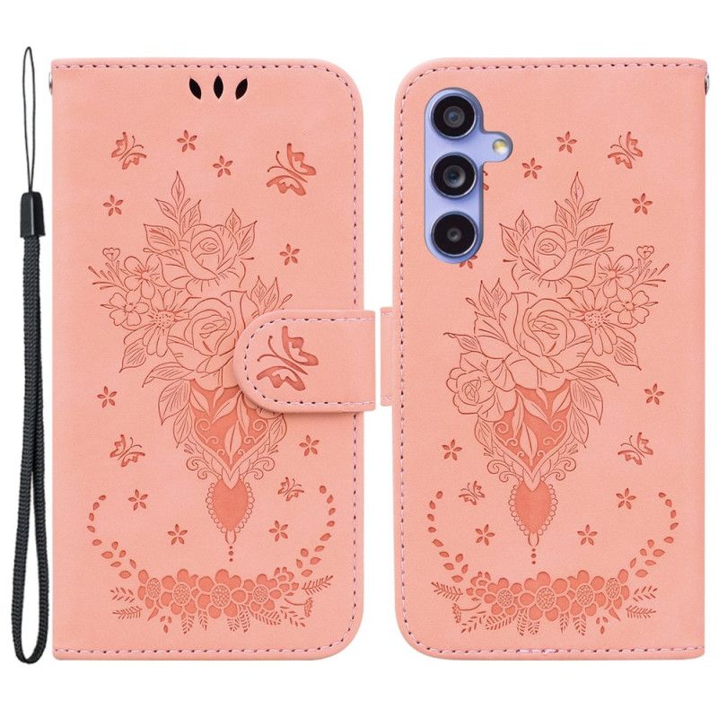 Læder Cover Samsung Galaxy A55 5g Telefon Etui Rose Og Sommerfugle Mønster