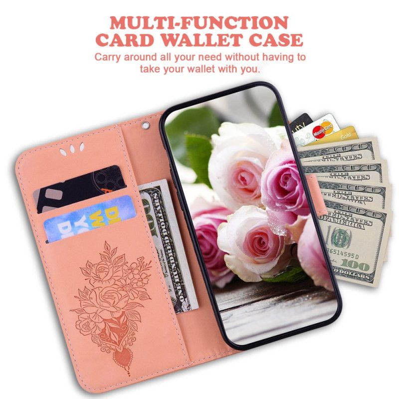 Læder Cover Samsung Galaxy A55 5g Telefon Etui Rose Og Sommerfugle Mønster