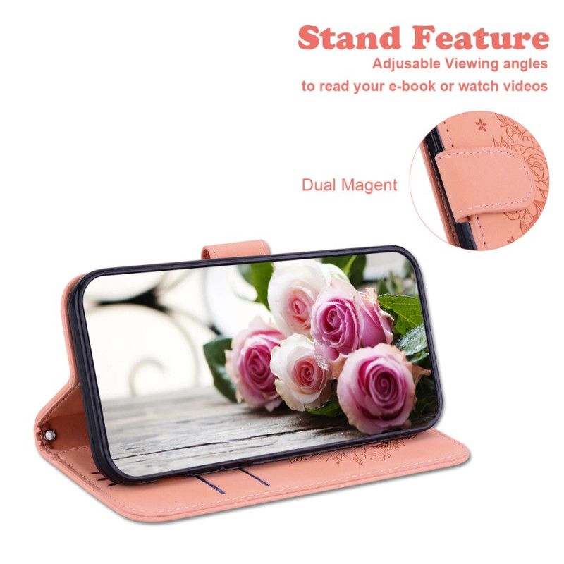 Læder Cover Samsung Galaxy A55 5g Telefon Etui Rose Og Sommerfugle Mønster