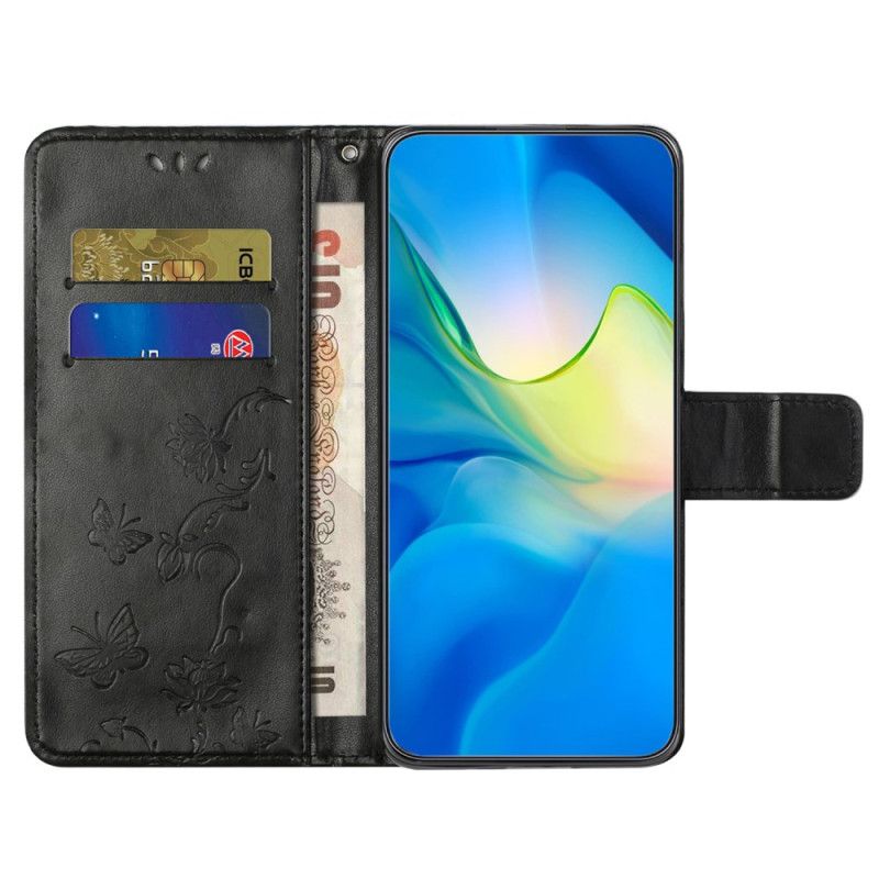 Læder Cover Samsung Galaxy A55 5g Telefon Etui Sommerfugle Og Blomsterdesign Med Snor