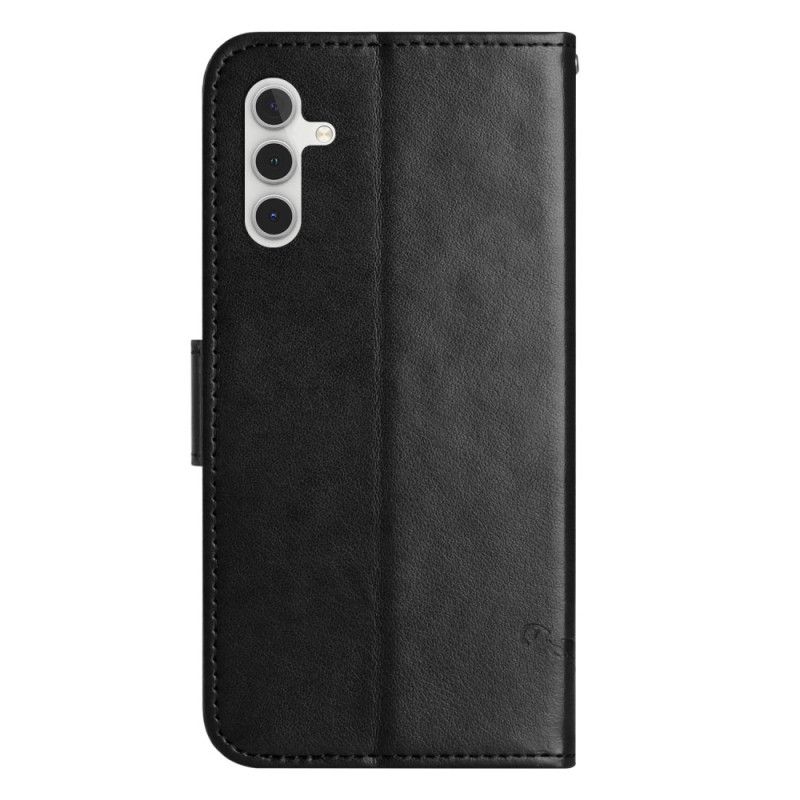 Læder Cover Samsung Galaxy A55 5g Telefon Etui Sommerfugle Og Blomsterdesign Med Snor