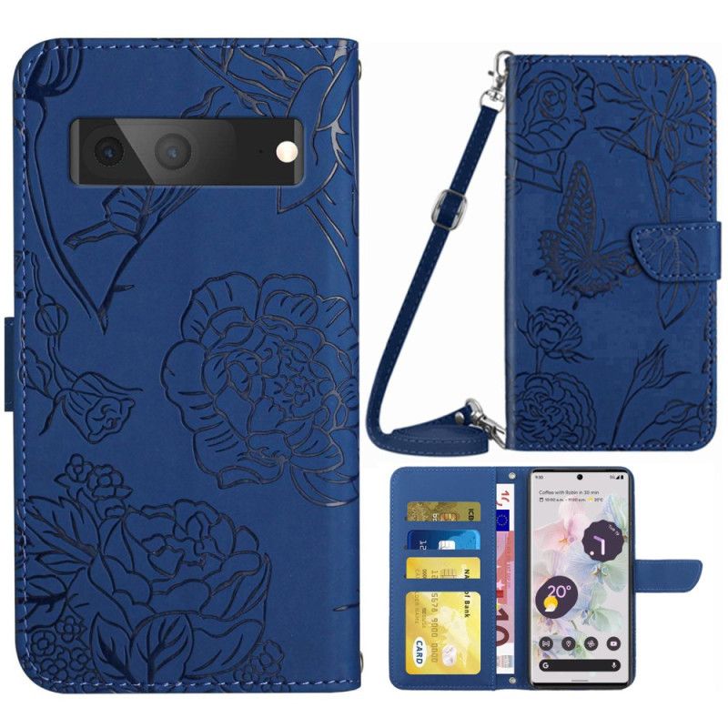 Flip Cover Google Pixel 7 Sommerfugle Og Skulderrem