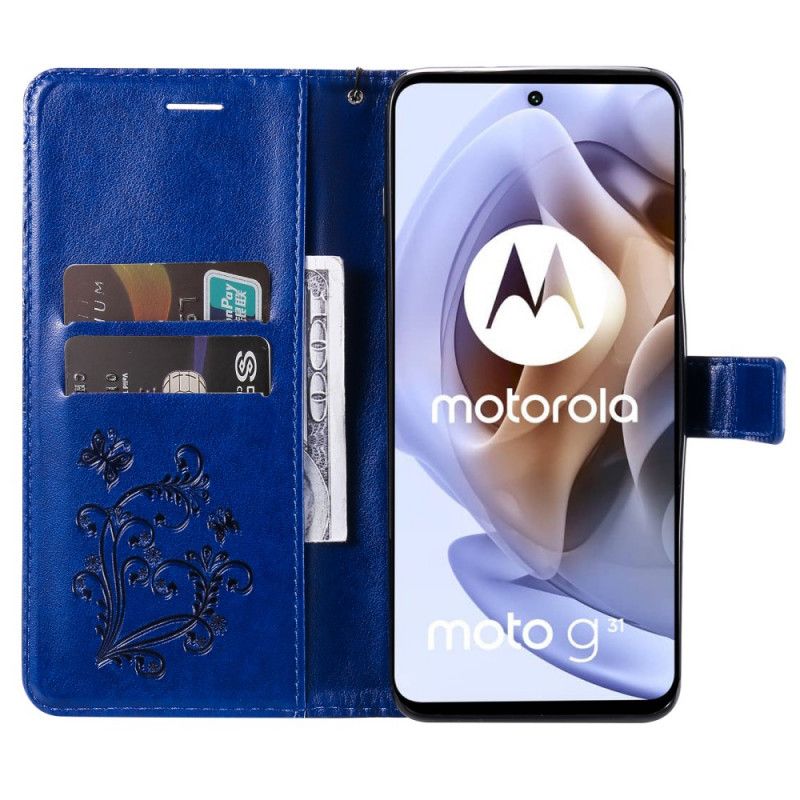 Læder Cover Moto G31 / Moto G41 Med Snor Kæmpe Strappy Sommerfugle