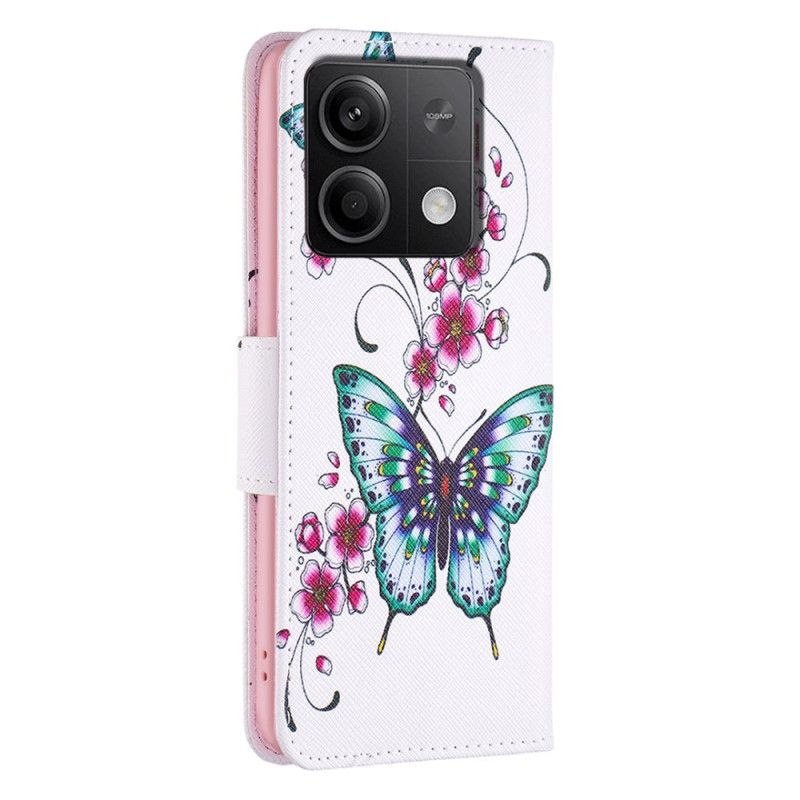 Flip Cover Til Xiaomi Redmi Note 13 5g Blomstrende Fersken Og Sommerfugle