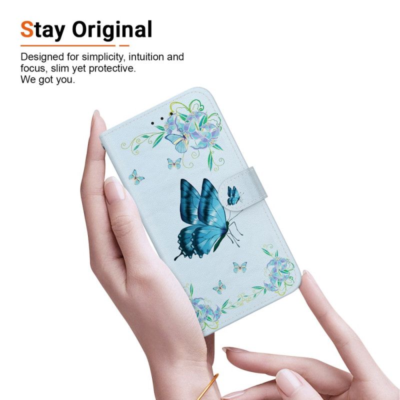 Flip Cover Xiaomi Redmi Note 13 5g Blå Sommerfugle Og Blomster Med Rem