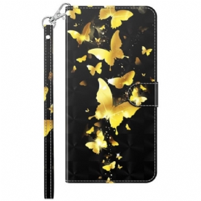 Flip Cover Xiaomi Redmi Note 13 5g Gyldne Sommerfugle Med Rem