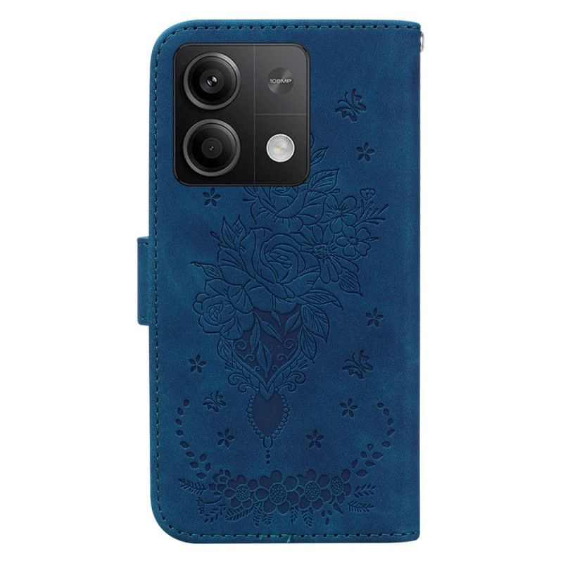 Læder Cover Xiaomi Redmi Note 13 5g Telefon Etui Rose Og Sommerfugle Med Rem