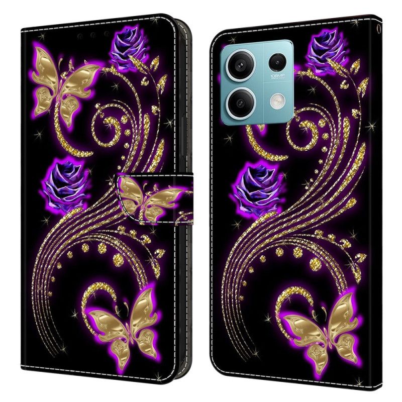 Læder Cover Xiaomi Redmi Note 13 5g Violet Blomster Og Sommerfugle