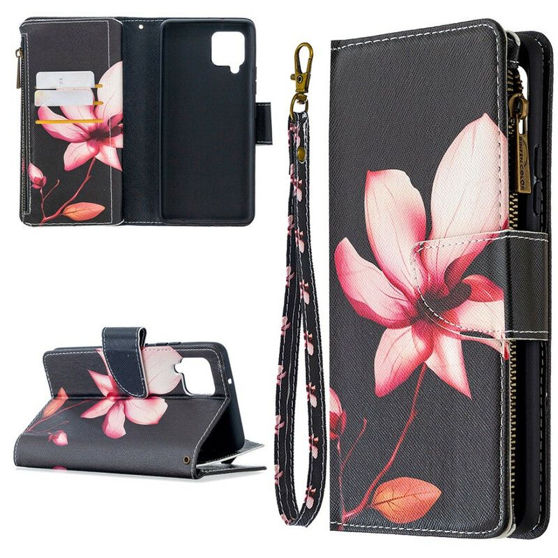 Flip Cover Samsung Galaxy A42 5G Blomsterlomme Med Lynlås