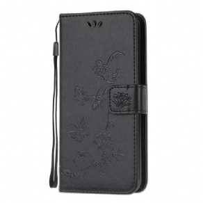 Læder Cover Samsung Galaxy A42 5G Med Snor Thong Sommerfugle Og Blomster