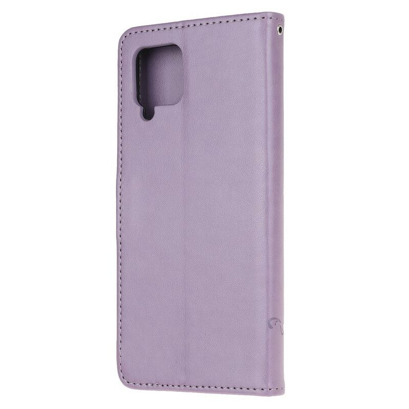 Læder Cover Samsung Galaxy A42 5G Med Snor Thong Sommerfugle Og Blomster