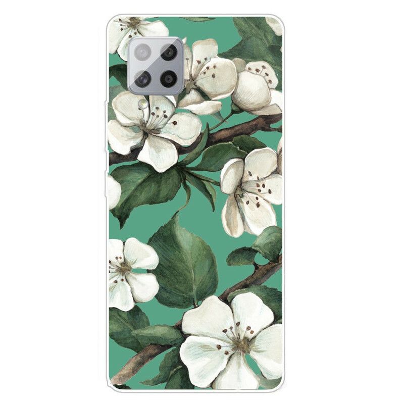 Mobilcover Samsung Galaxy A42 5G Hvide Malede Blomster