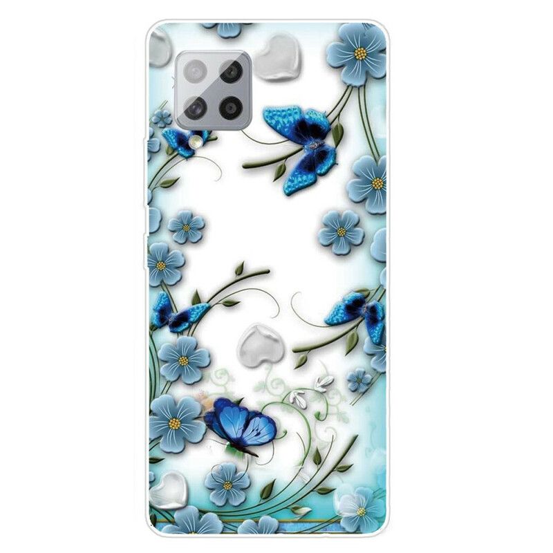 Mobilcover Samsung Galaxy A42 5G Transparente Retro Sommerfugle Og Blomster