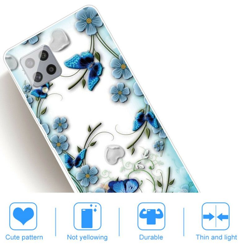 Mobilcover Samsung Galaxy A42 5G Transparente Retro Sommerfugle Og Blomster