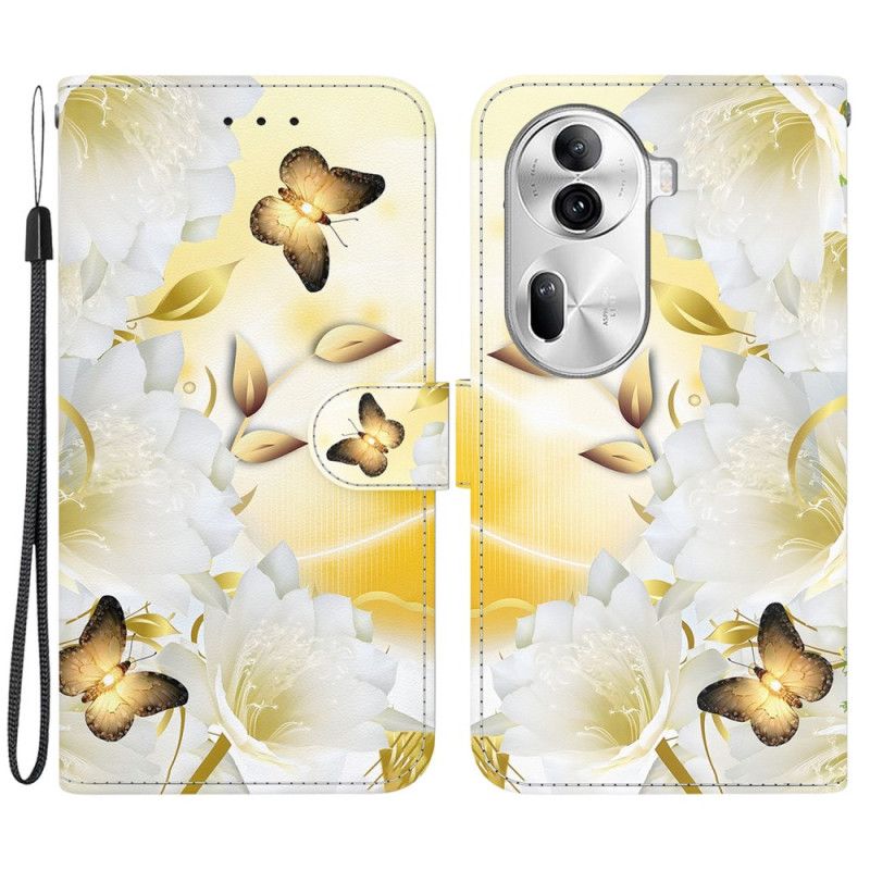 Flip Cover Oppo Reno 11 Pro 5g Gyldne Sommerfugle Og Blomster