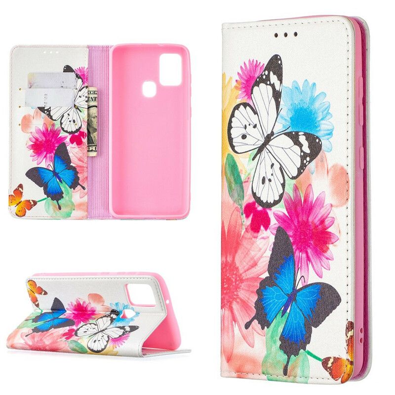 Cover Samsung Galaxy A21s Flip Cover Farverige Sommerfugle