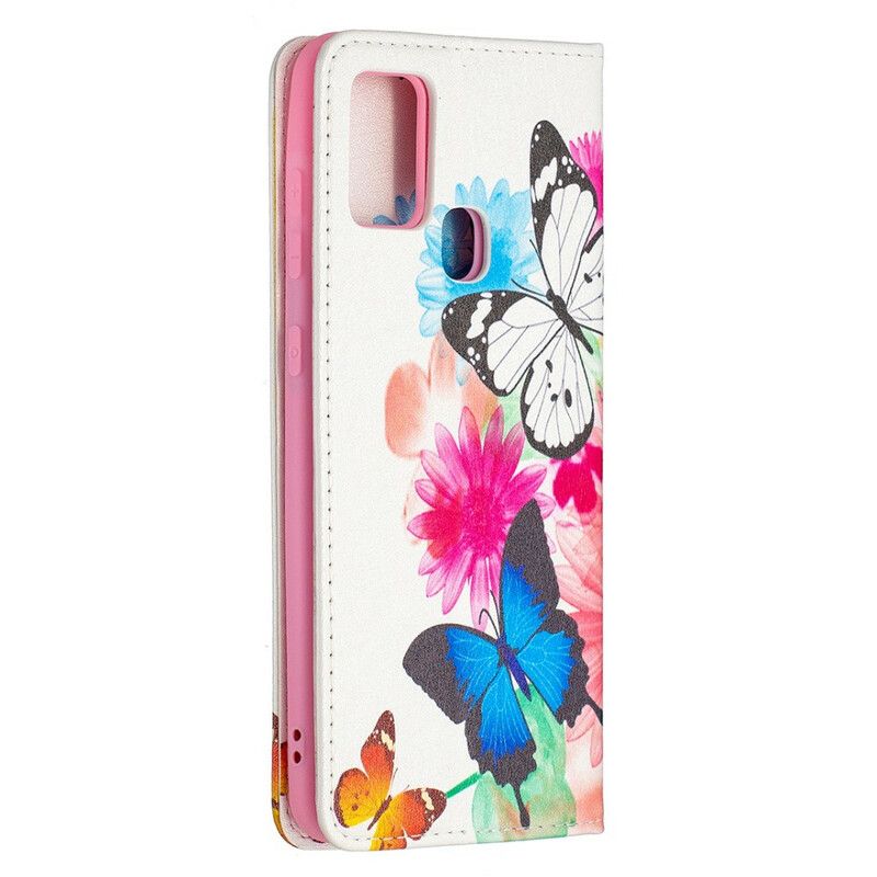 Cover Samsung Galaxy A21s Flip Cover Farverige Sommerfugle