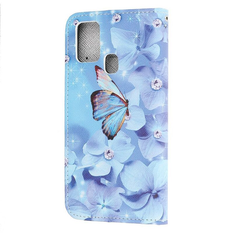 Flip Cover Samsung Galaxy A21s Med Snor Sommerfugle Med Diamantrem