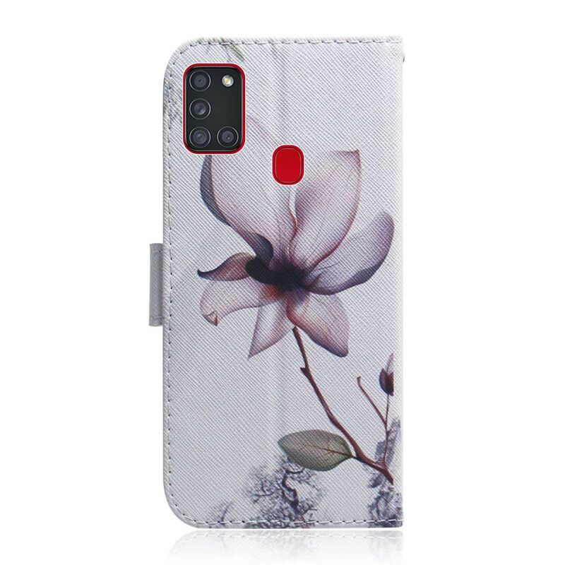 Læder Cover Samsung Galaxy A21s Gammel Rosenblomst