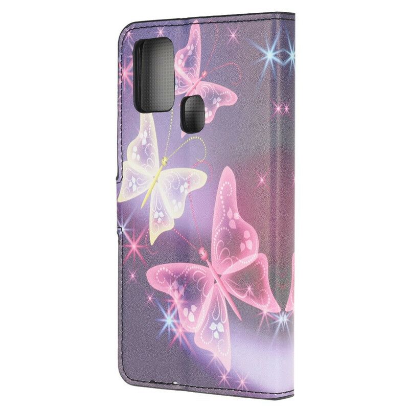 Læder Cover Samsung Galaxy A21s Neonsommerfugle