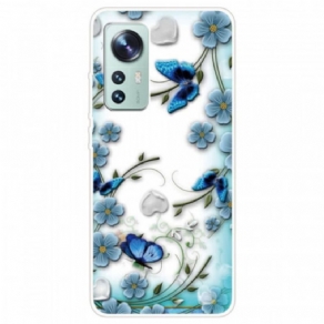 Cover Xiaomi 12 / 12X Blå Blomster Og Sommerfugle