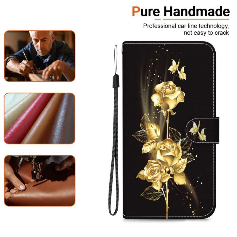 Flip Cover Xiaomi Redmi Note 13 4g Guld Sommerfugle Og Rose Med Rem