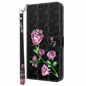 Læder Cover Xiaomi Redmi Note 13 4g Telefon Etui Lyserøde Blomster Med Rem