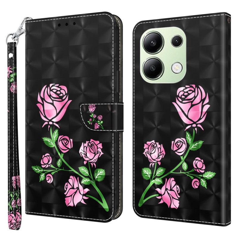 Læder Cover Xiaomi Redmi Note 13 4g Telefon Etui Lyserøde Blomster Med Rem