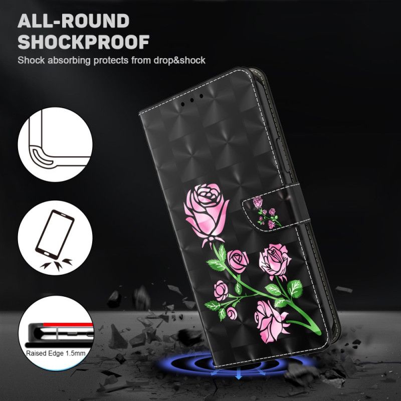 Læder Cover Xiaomi Redmi Note 13 4g Telefon Etui Lyserøde Blomster Med Rem