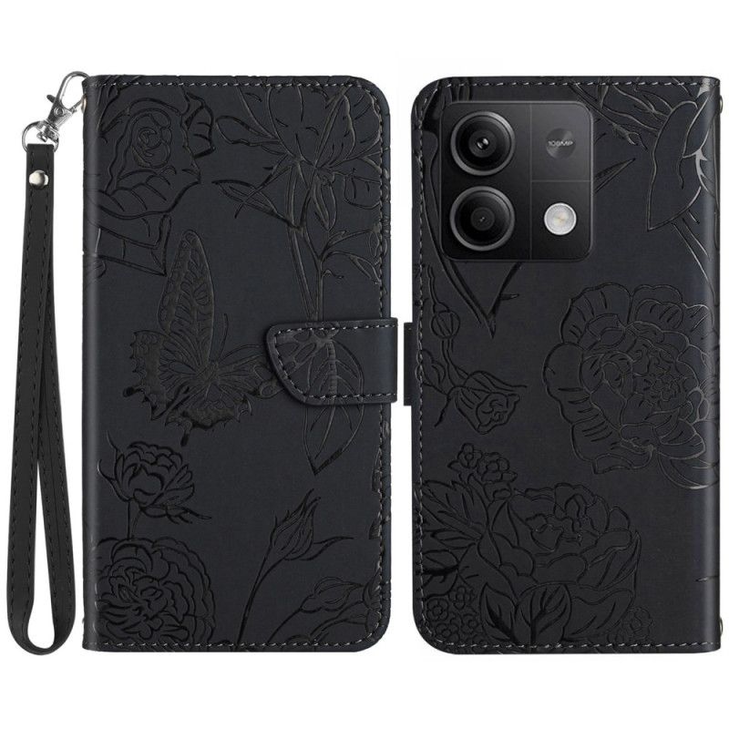 Læder Cover Xiaomi Redmi Note 13 4g Telefon Etui Sommerfugletryk Med Rem