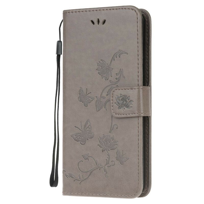 Flip Cover Sony Xperia 5 Med Snor Thong Sommerfugle Og Blomster