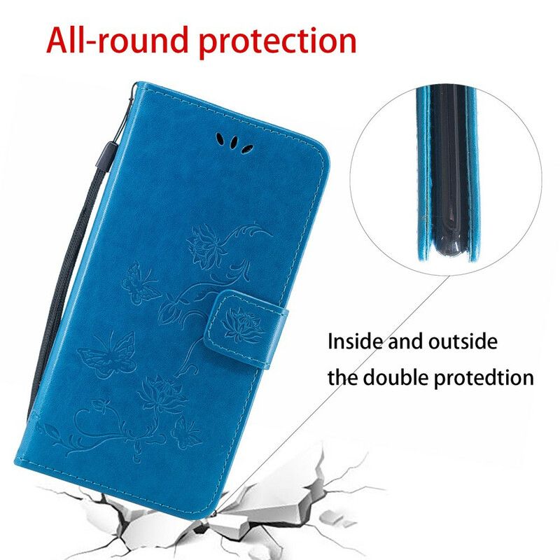 Flip Cover Sony Xperia 5 Med Snor Thong Sommerfugle Og Blomster