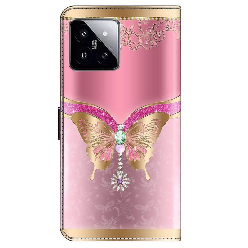 Flip Cover Xiaomi 14 Guld-pink Sommerfugl