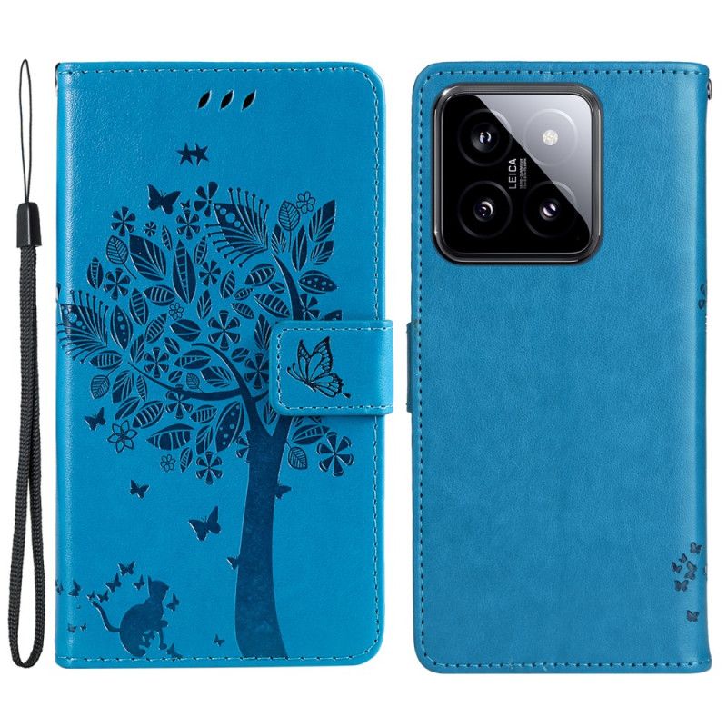 Læder Cover Xiaomi 14 Telefon Etui Kat Og Snøretræ