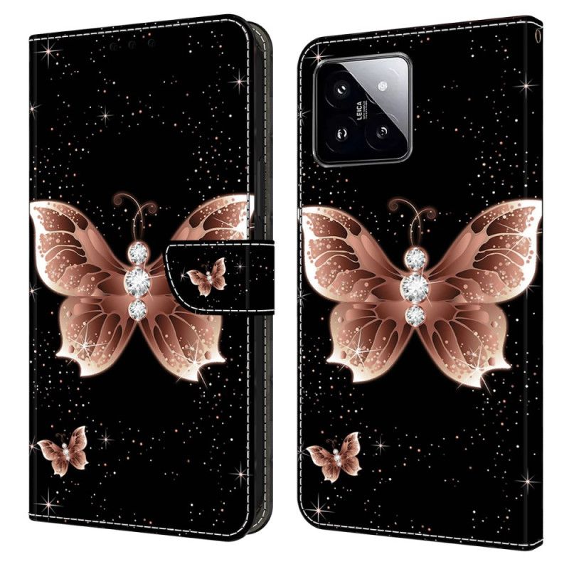 Læder Cover Xiaomi 14 Telefon Etui Pink Diamond Butterfly