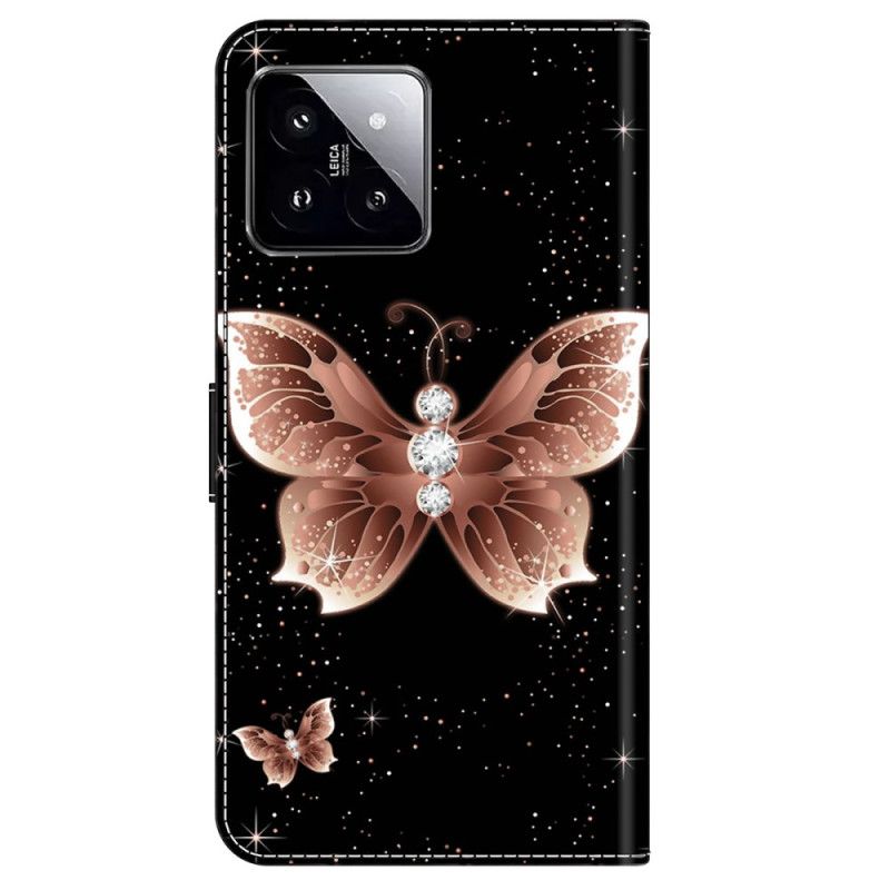 Læder Cover Xiaomi 14 Telefon Etui Pink Diamond Butterfly