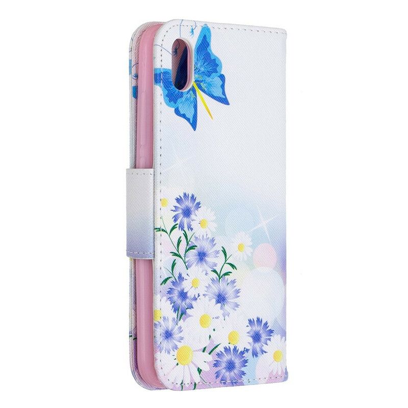 Læder Cover Xiaomi Redmi 7A Malede Sommerfugle Og Blomster