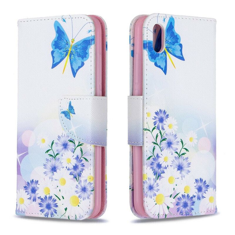 Læder Cover Xiaomi Redmi 7A Malede Sommerfugle Og Blomster