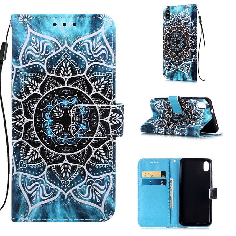 Læder Cover Xiaomi Redmi 7A Med Snor Sort Strappy Mandala