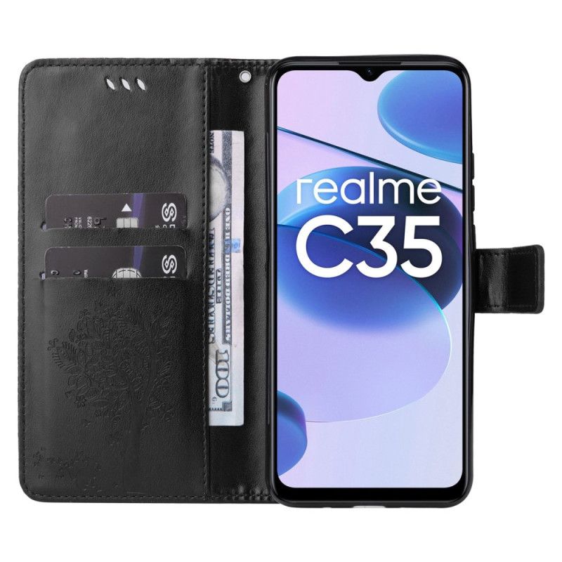 Flip Cover Realme C35 Med Snor Thong Sommerfugl Kattetræ