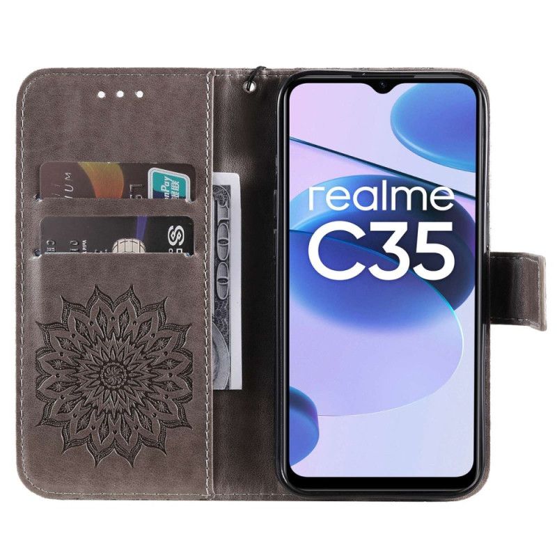 Læder Cover Realme C35 Med Snor Solrem Mandala