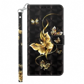 Flip Cover iPhone 14 Pro Med Snor Golden Strap Sommerfugle